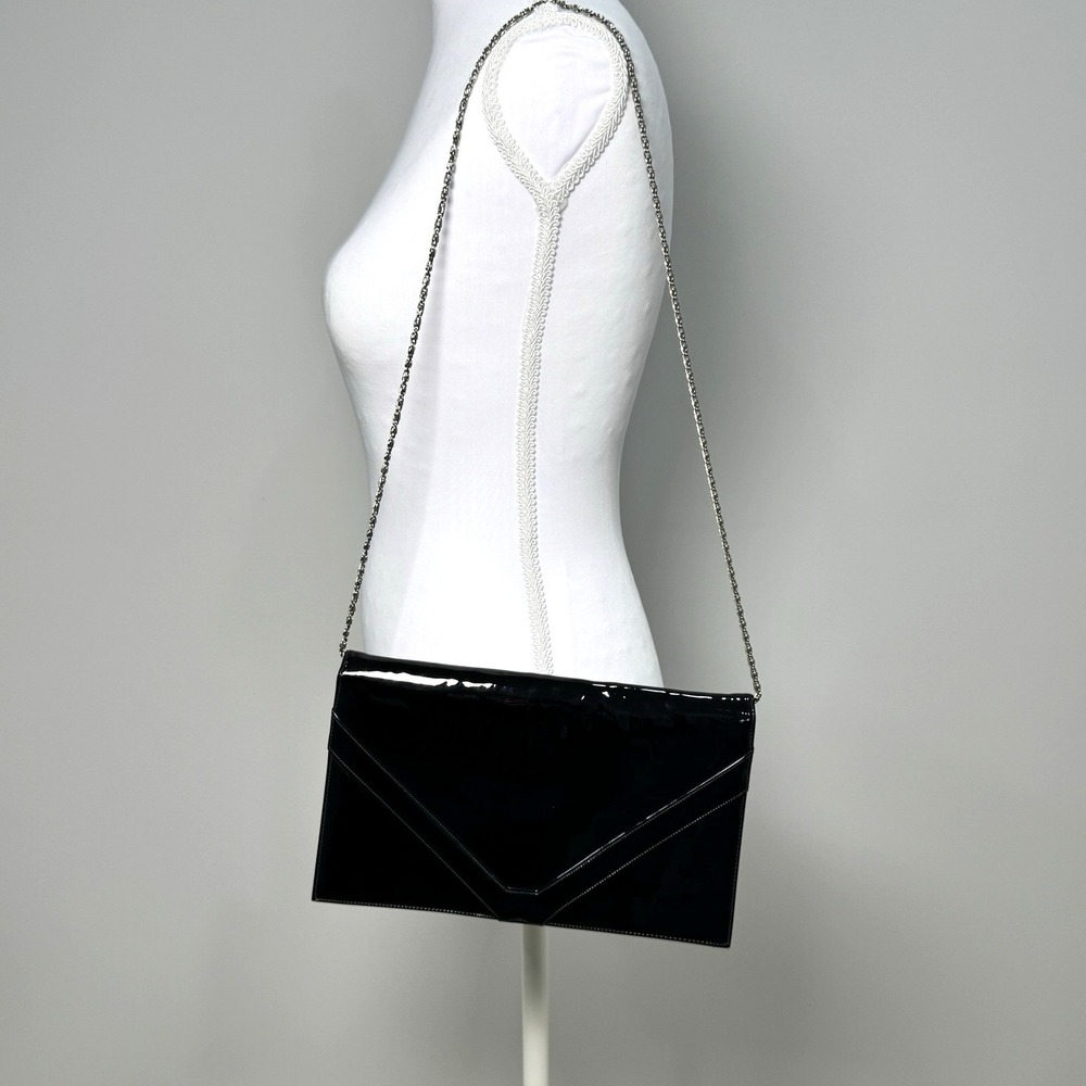 Vintage Black‎ Patent Finish Vinyl Envelope Clutch Handbag Chain Strap